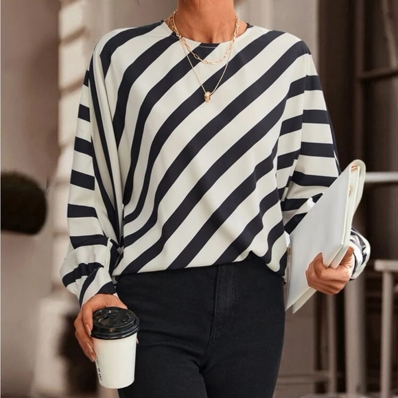 Classic Elegant Striped Print Batwing Sleeve Blouse Top Shirt - Picture 5 of 9